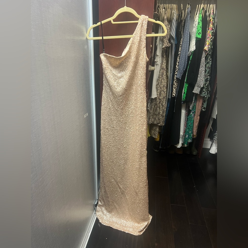 One shoulder rose gold sequin gown